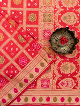 Banarasi Semi Silk Bandhini Saree With Zari & Meena Weaving-Red