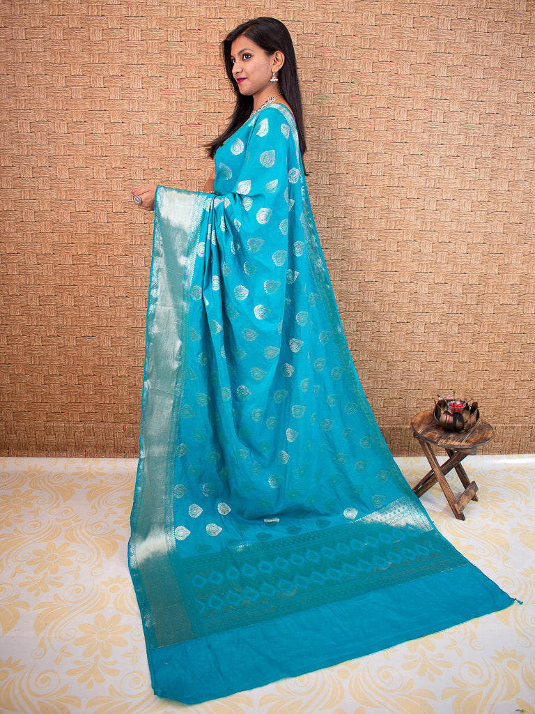 Banarasi Semi Silk Saree With Zari Buta Weaving-Turquoise Blue