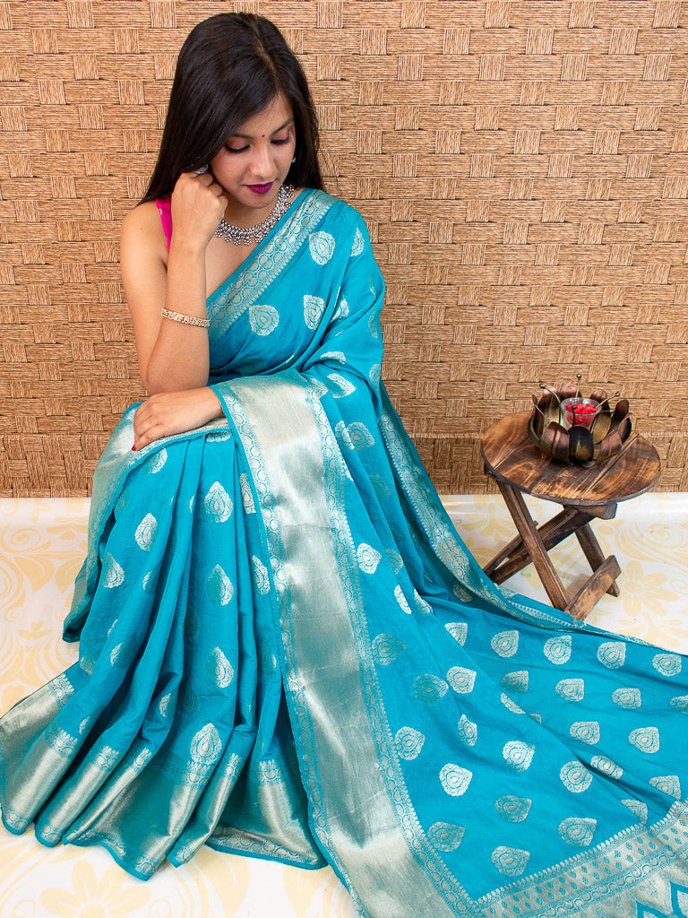 Banarasi Semi Silk Saree With Zari Buta Weaving-Turquoise Blue