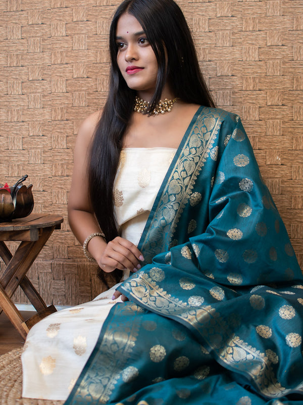 Banarasi Semi Silk Zari Weaving Salwar Kameez Material With Buti Dupatta-Off White & Teal