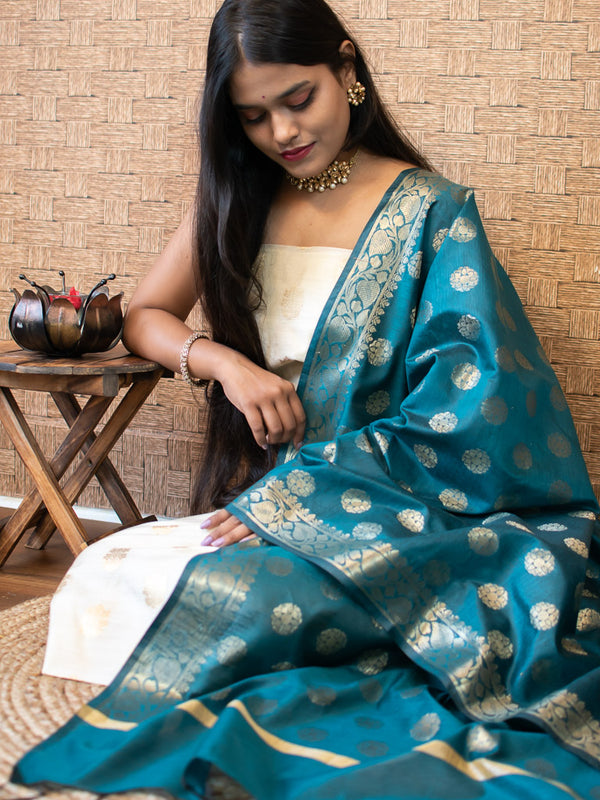 Banarasi Semi Silk Zari Weaving Salwar Kameez Material With Buti Dupatta-Off White & Teal