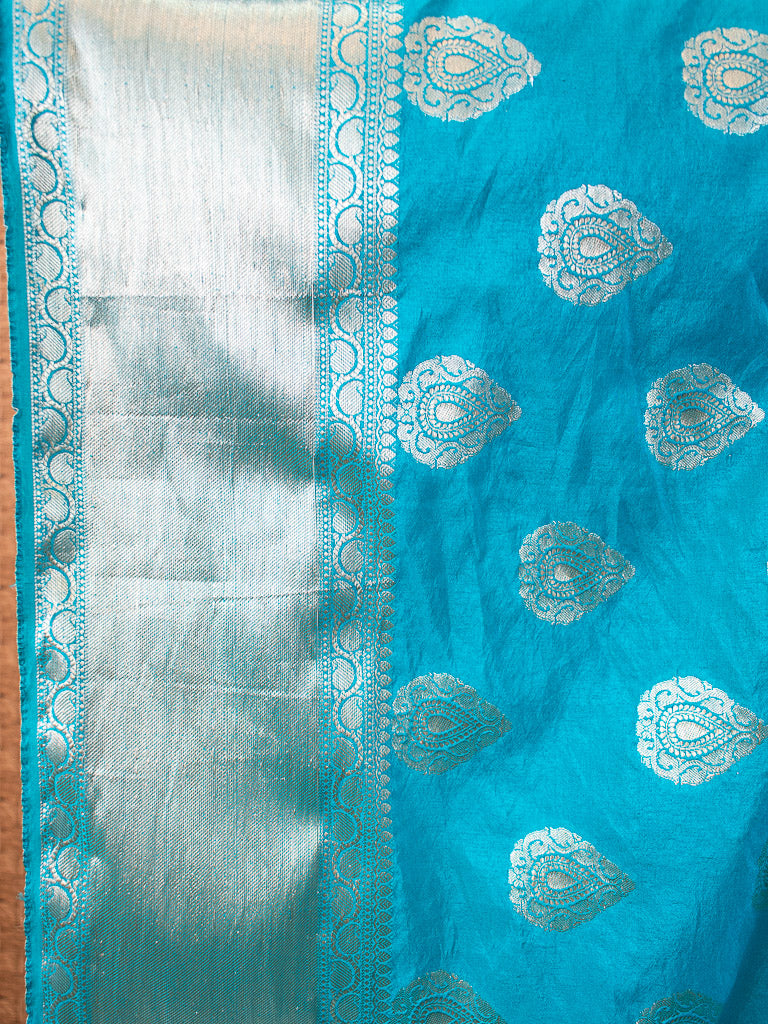 Banarasi Semi Silk Saree With Zari Buta Weaving-Turquoise Blue