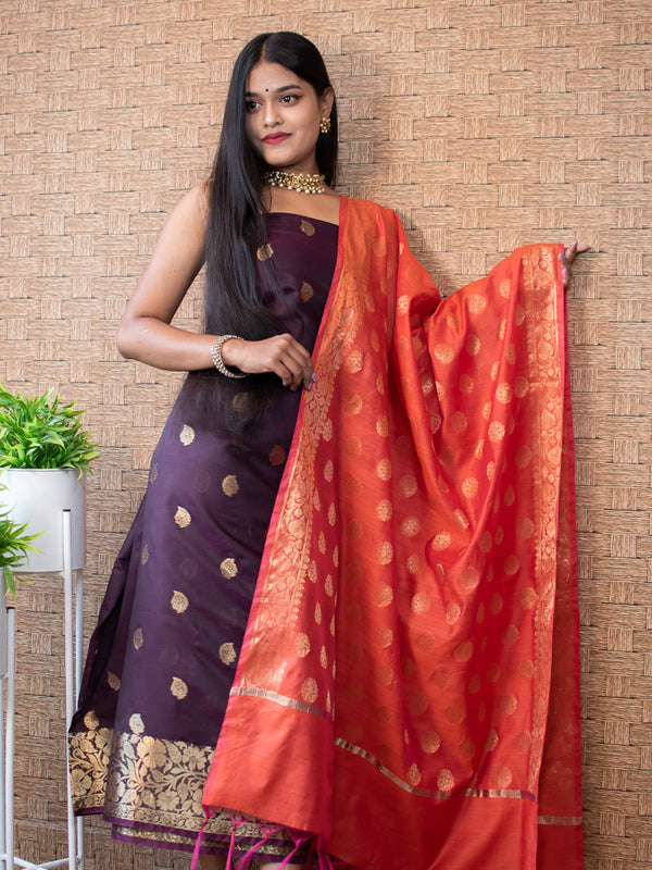 Banarasi Semi Silk Zari Weaving Salwar Kameez Material With Buti Dupatta-Wine & Red
