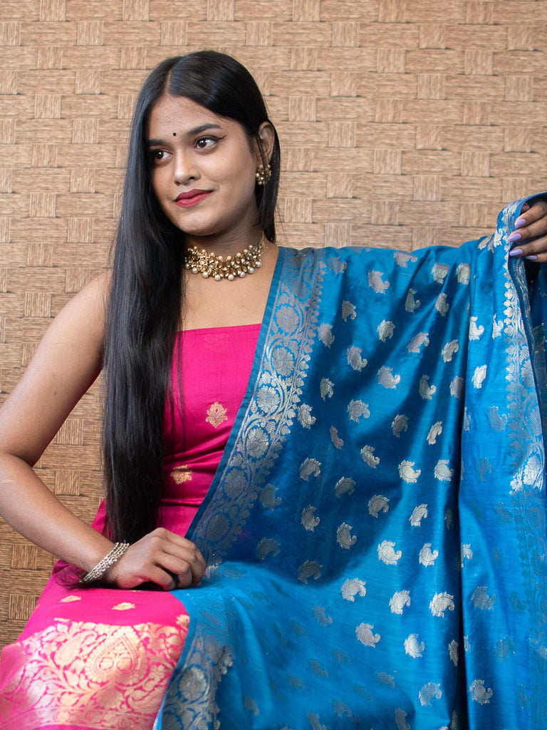 Banarasi Semi Silk Zari Weaving Salwar Kameez Material With Buti Dupatta-Pink & Blue