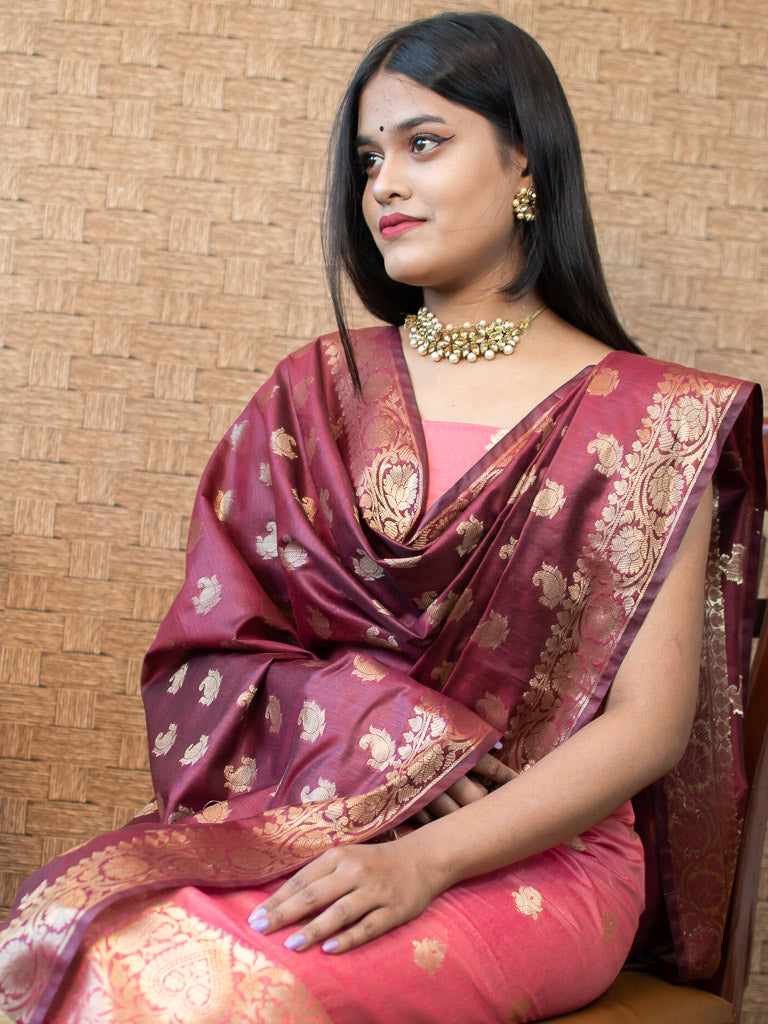 Banarasi Semi Silk Zari Weaving Salwar Kameez Material With Buti Dupatta-Peach & Brown