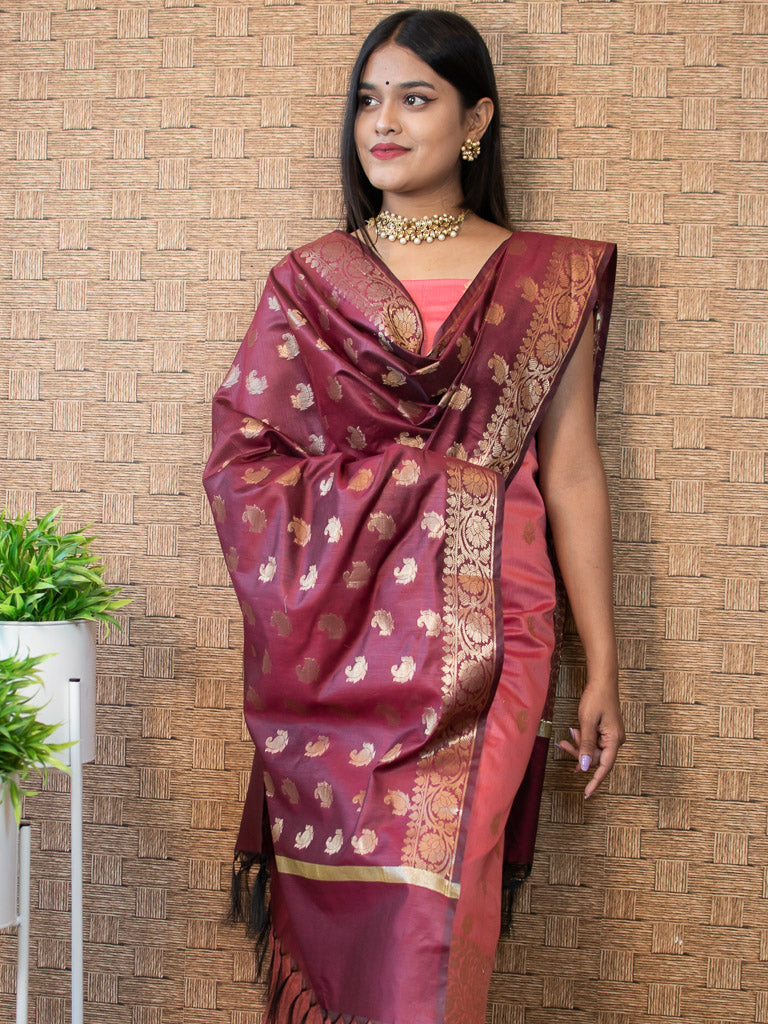 Banarasi Semi Silk Zari Weaving Salwar Kameez Material With Buti Dupatta-Peach & Brown