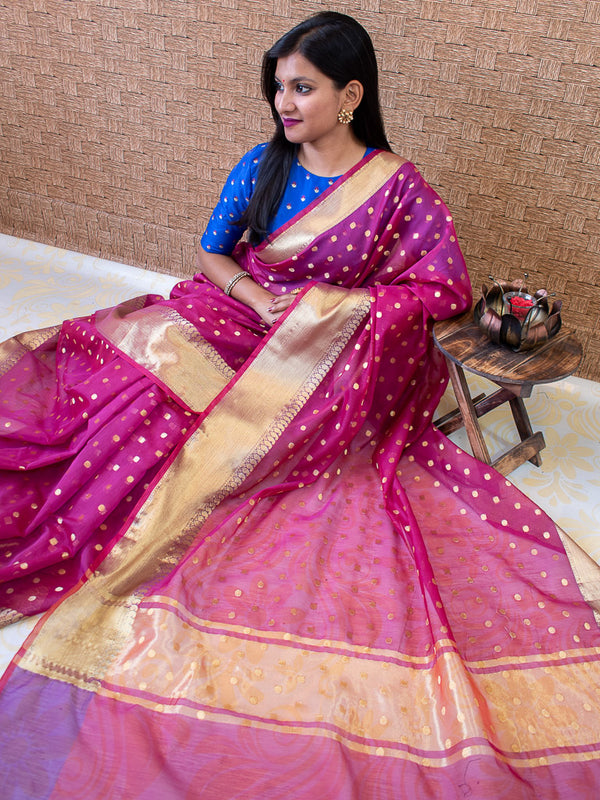 Banarasi Chanderi Cotton Zari Polka Dots Weaving - Pink