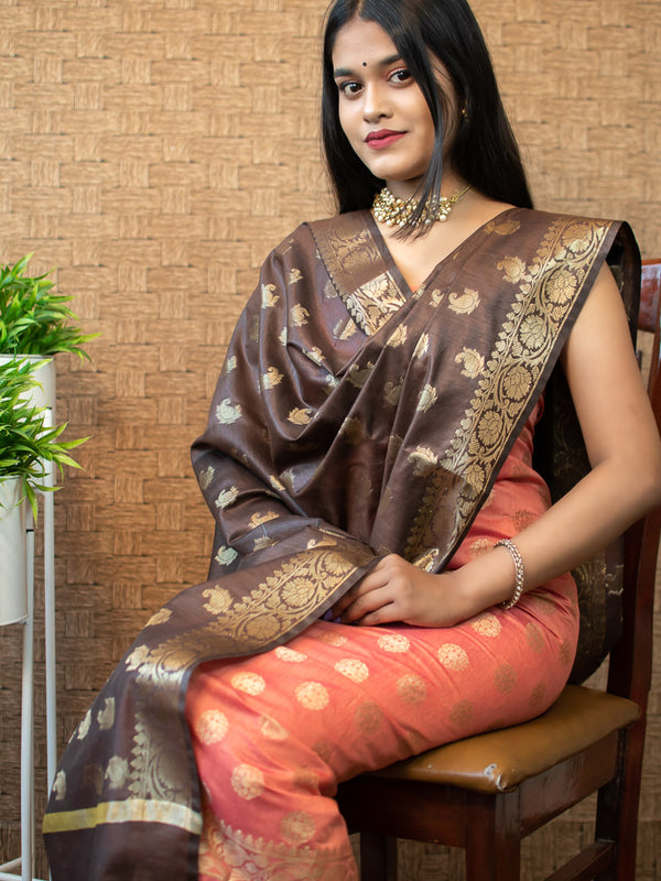 Banarasi Cotton Silk Zari Weaving Salwar Kameez Material With Buti Dupatta-Peach & Brown