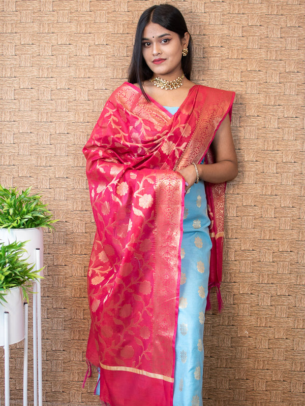 Banarasi Semi Silk Zari Weaving Salwar Kameez Material With Buti Dupatta-Blue & Pink