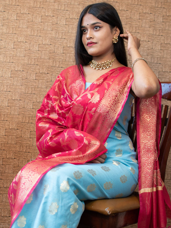 Banarasi Semi Silk Zari Weaving Salwar Kameez Material With Buti Dupatta-Blue & Pink