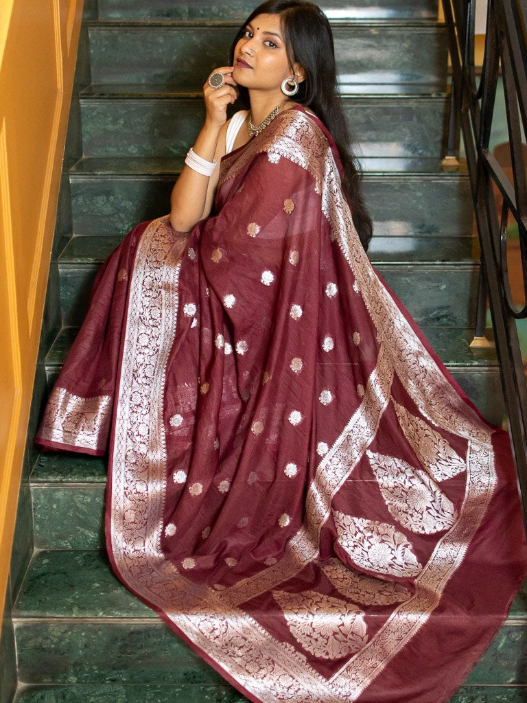 Banarasi  Semi Chiffon Saree Silver Zari Buti Weaving-Wine