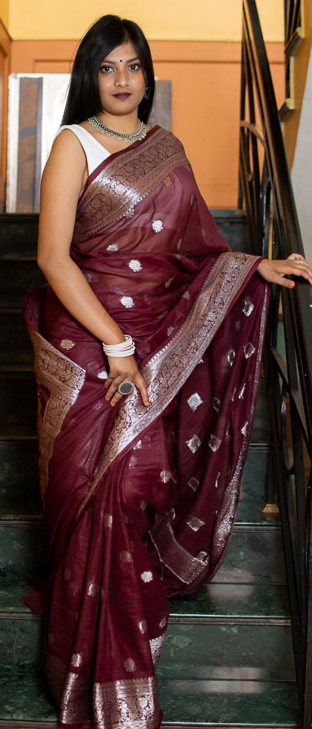 Banarasi  Semi Chiffon Saree Silver Zari Buti Weaving-Wine