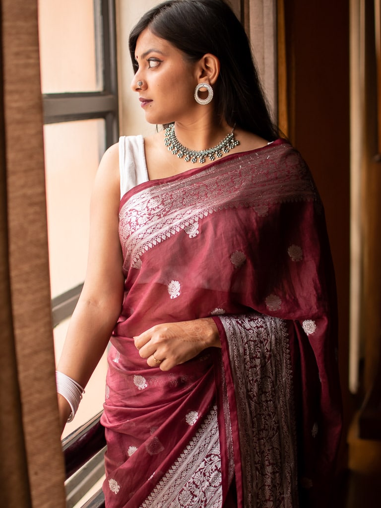 Banarasi  Semi Chiffon Saree Silver Zari Buti Weaving-Wine