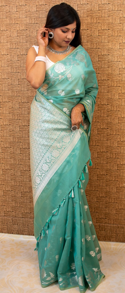 Banarasi Kora Saree With Silver Zari Buti Weaving & Floral Border-Blue