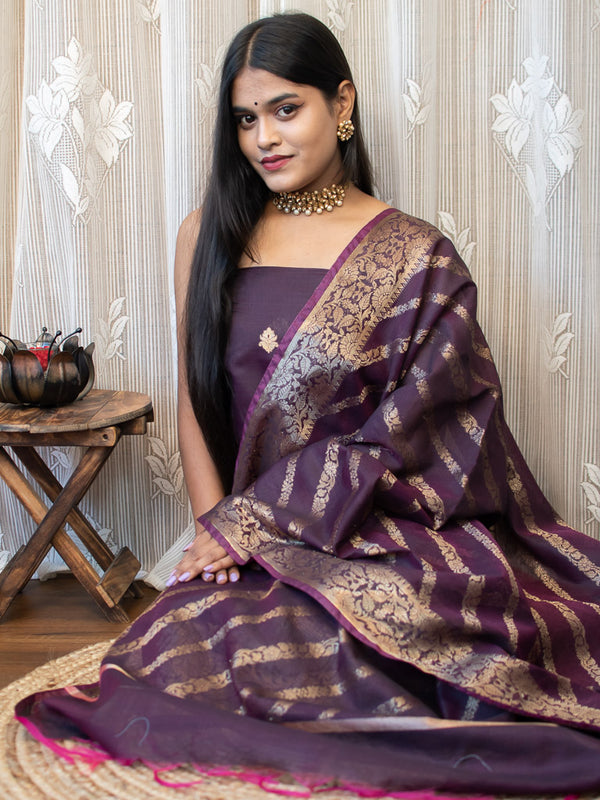 Banarasi Semi Silk Zari Weaving Salwar Kameez Material With leheriya Dupatta-Wine