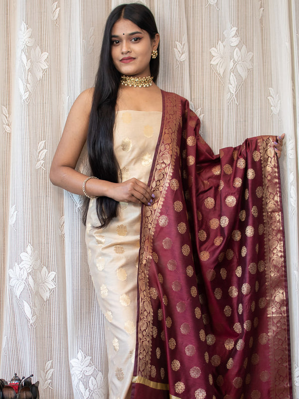 Banarasi Semi Silk Zari Weaving Salwar Kameez Material With Buti Dupatta-Beige & Brown