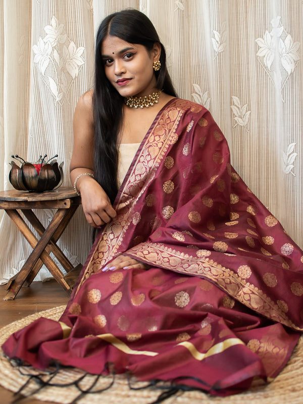 Banarasi Semi Silk Zari Weaving Salwar Kameez Material With Buti Dupatta-Beige & Brown