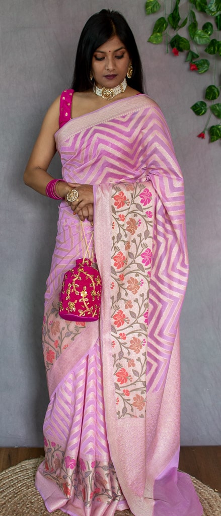 Banarasi Semi Chiffon Saree  Zari  Aada Weaving & Meena Border-Baby Pink