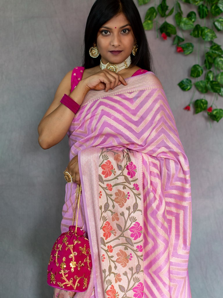 Banarasi Semi Chiffon Saree  Zari  Aada Weaving & Meena Border-Baby Pink