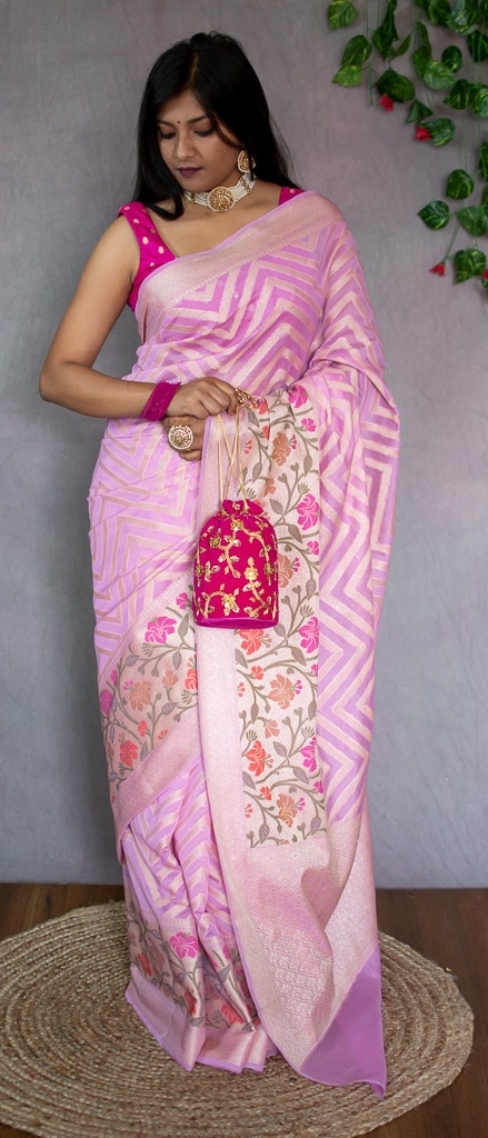 Banarasi Semi Chiffon Saree  Zari  Aada Weaving & Meena Border-Baby Pink