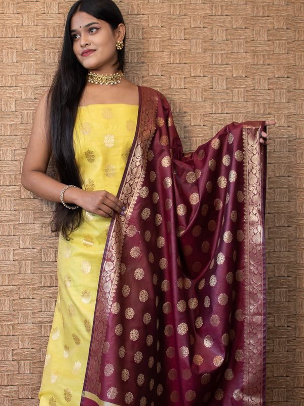Banarasi Semi Silk Zari Weaving Salwar Kameez Material With Buti Dupatta-Yellow & Brown