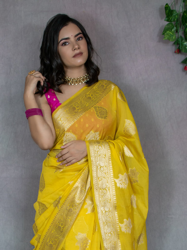 Banarasi Semi Silk Saree With Buti Weaving-Yellow