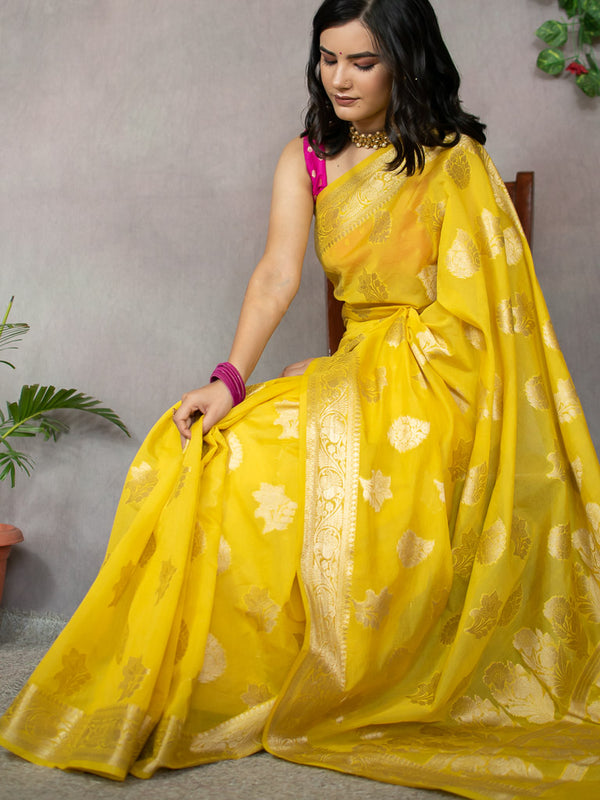Banarasi Semi Silk Saree With Buti Weaving-Yellow