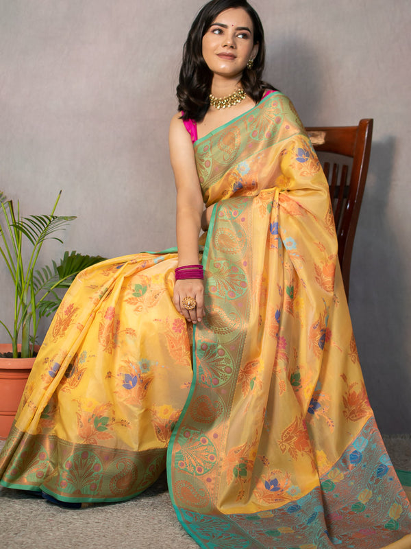 Banarasi Cotton Silk Saree With Floral Zari & Meena Weaving  Border-Beige