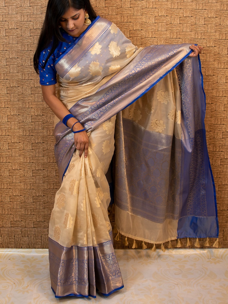 Banarasi Semi Silk Saree With Contrast Floral Buti Weaving Border-Ivory White