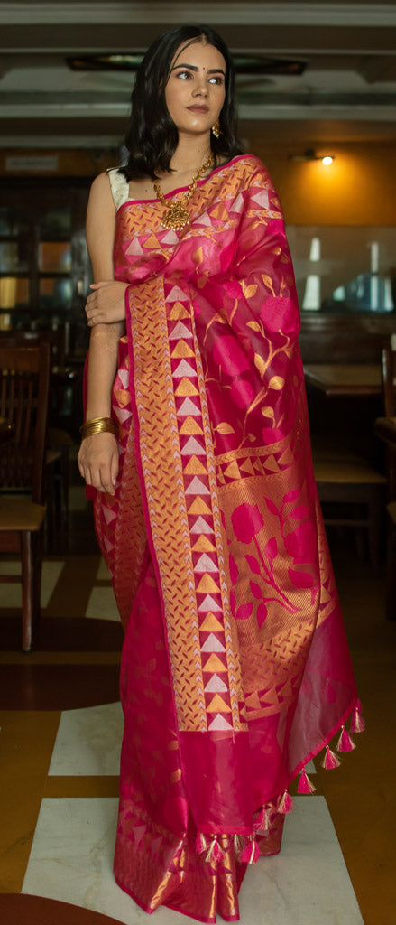 Banarasi Organza Mix Saree With Jamdani Weaving-Pink