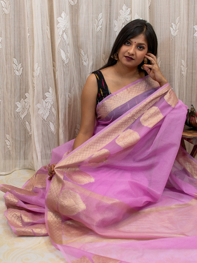 Banarasi Soft Net Saree With Antique Weaving Design-Mauve