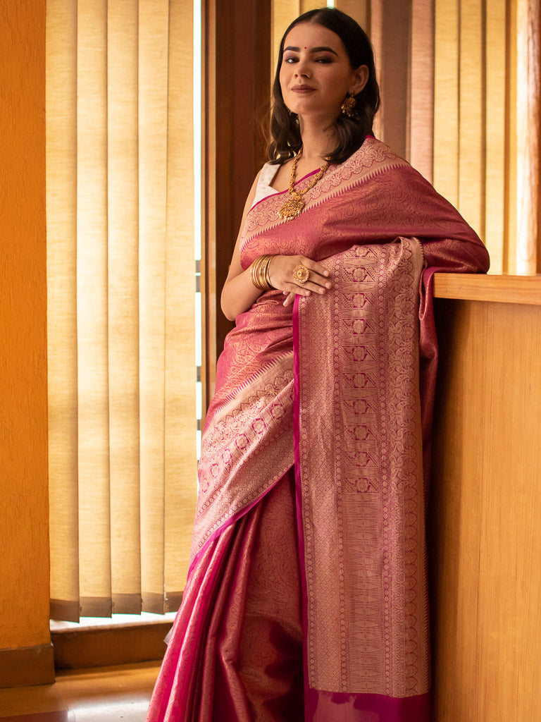 Banarasi Semi Silk Saree With Tanchoi Weaving-Pink