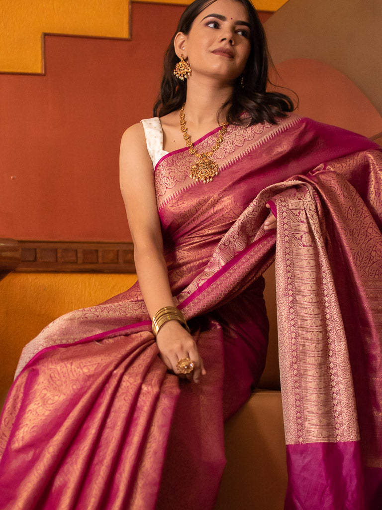 Banarasi Semi Silk Saree With Tanchoi Weaving-Pink