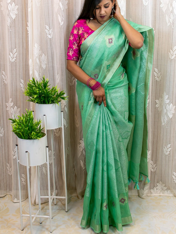 Banarasi Cotton Linen Silver Zari & Meena Weaving Saree-Sea Green