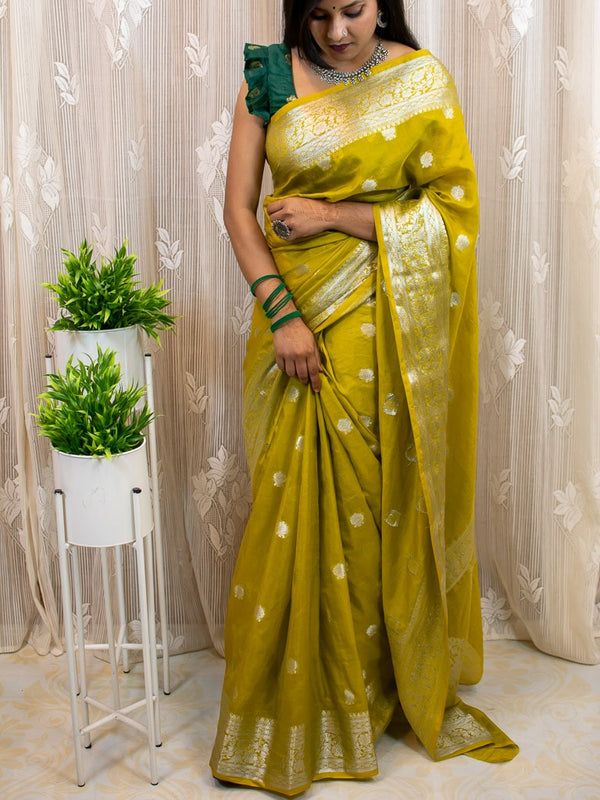 Banarasi  Semi Chiffon Saree Silver Zari Buti Weaving-Yellow