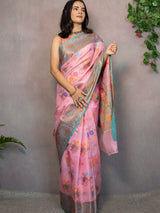 Banarasi Cotton Silk Saree With Floral Zari & Meena Weaving  Border-Pink