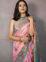 Banarasi Cotton Silk Saree With Floral Zari & Meena Weaving  Border-Pink
