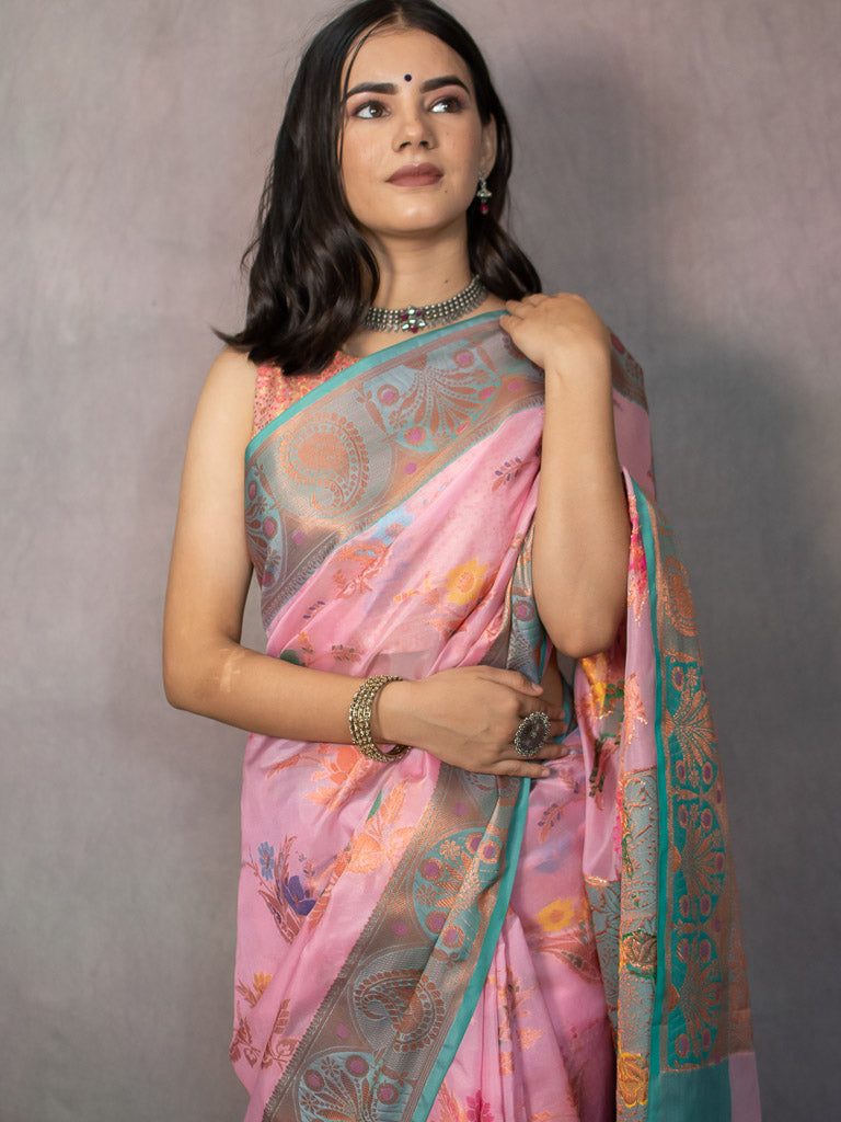 Banarasi Cotton Silk Saree With Floral Zari & Meena Weaving  Border-Pink