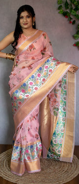 Banarasi Floral Printed Pure Organza Saree With Meena Weaving Border-Peach