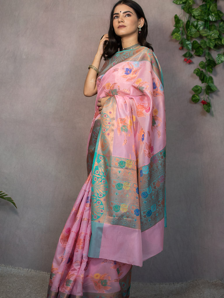 Banarasi Cotton Silk Saree With Floral Zari & Meena Weaving  Border-Pink