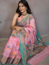 Banarasi Cotton Silk Saree With Floral Zari & Meena Weaving  Border-Pink