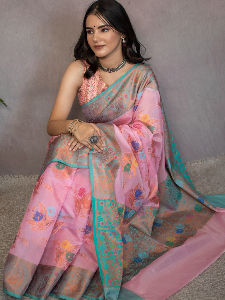 Banarasi Cotton Silk Saree With Floral Zari & Meena Weaving  Border-Pink