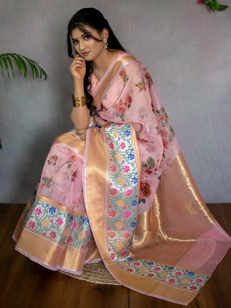 Banarasi Floral Printed Pure Organza Saree With Meena Weaving Border-Peach
