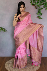 Banarasi Cotton Silk Saree With Antique Zari Weaving & Contrast Border-Pink