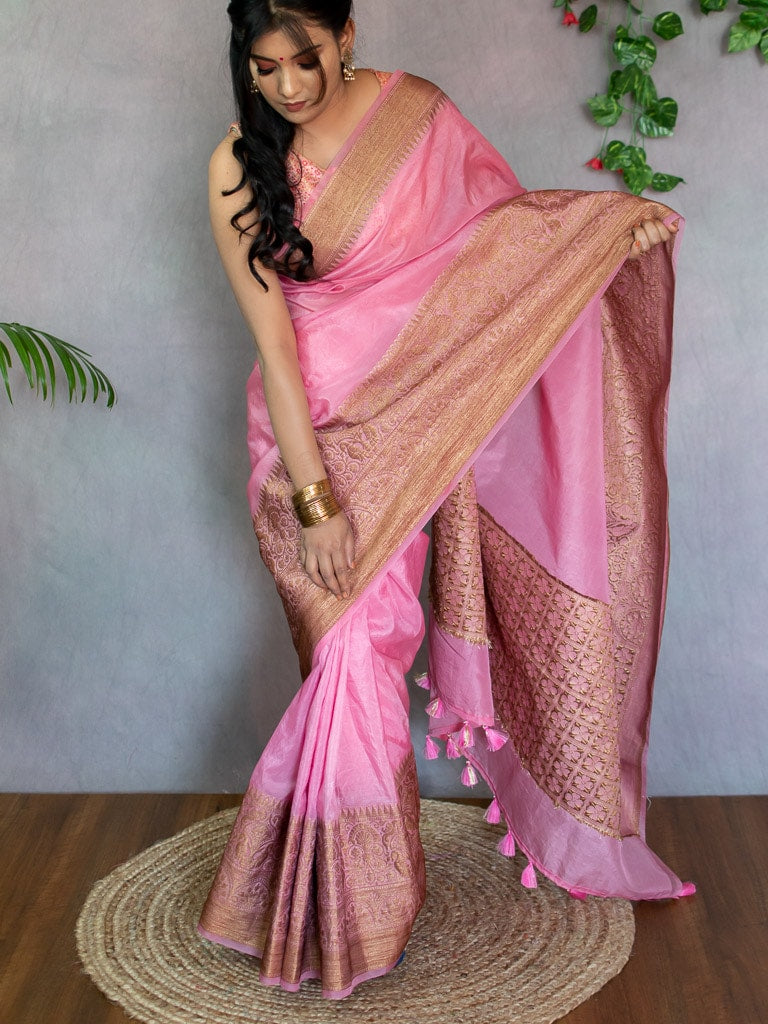 Banarasi Cotton Silk Saree With Antique Zari Weaving & Contrast Border-Pink