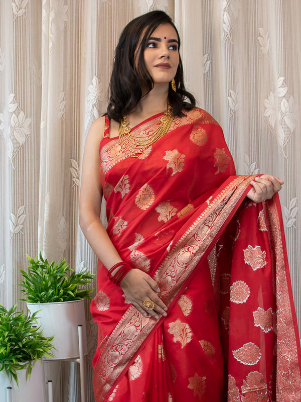 Banarasi Semi Silk Saree With Buti Weaving-Red