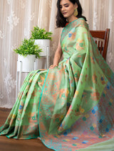 Banarasi Cotton Silk Saree With Floral Zari & Meena Weaving  Border-Green