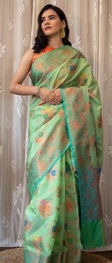 Banarasi Cotton Silk Saree With Floral Zari & Meena Weaving  Border-Green