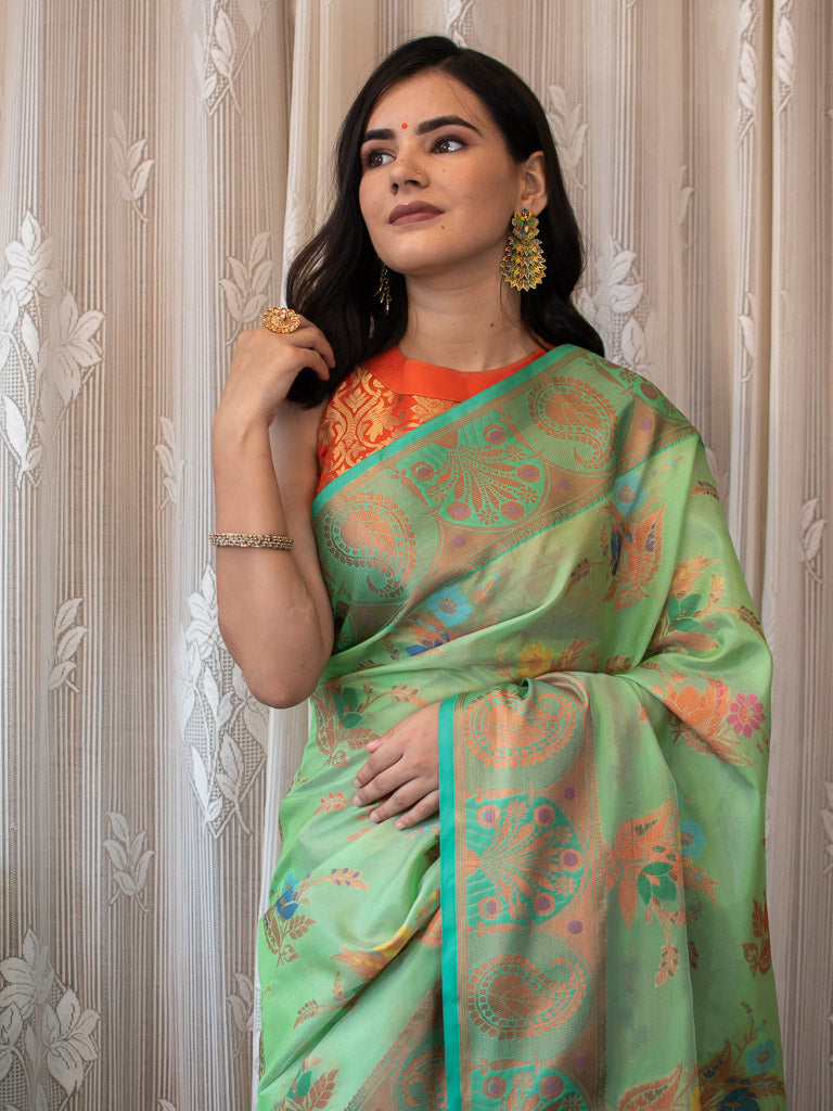 Banarasi Cotton Silk Saree With Floral Zari & Meena Weaving  Border-Green