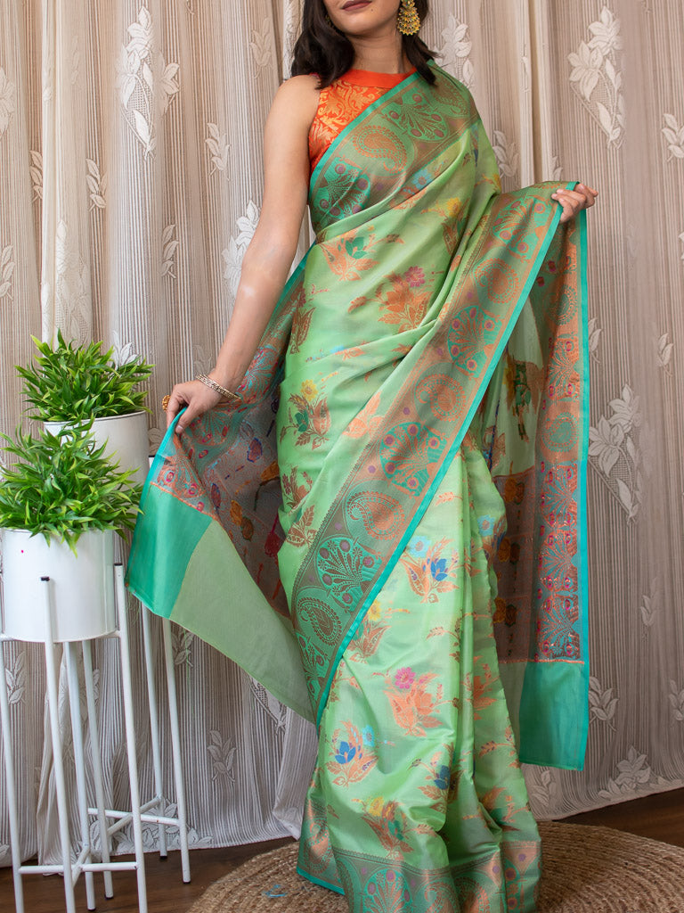 Banarasi Cotton Silk Saree With Floral Zari & Meena Weaving  Border-Green